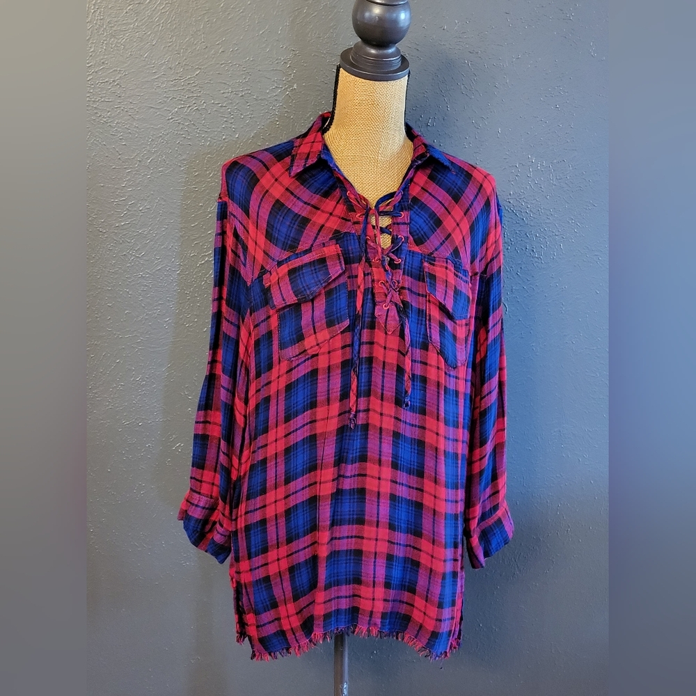 Umgee Flannel Plaid Blouse Pullover Tie Front Medium - Picture 4 of 10